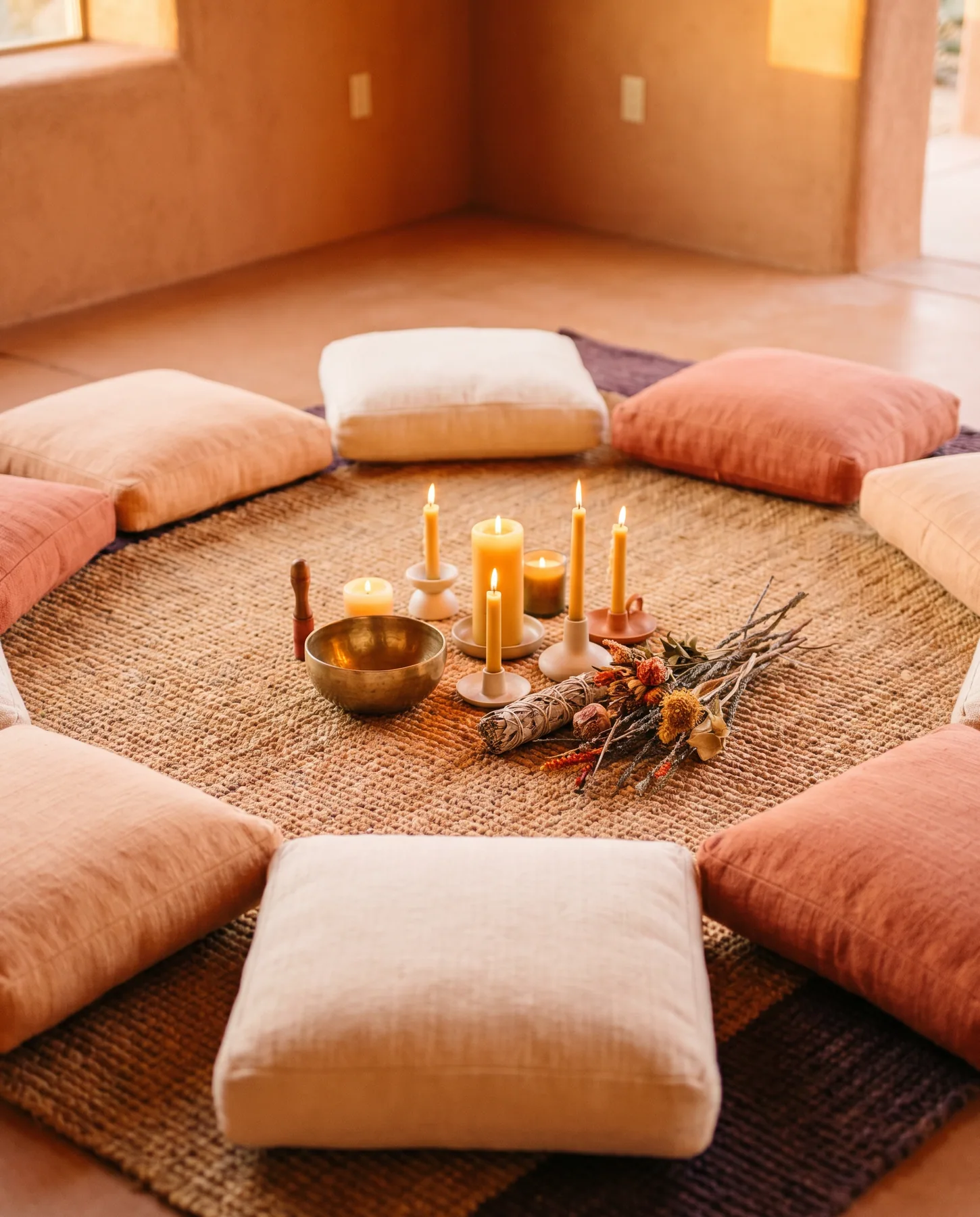 A warm circle of floor cushions gathered around candlelight