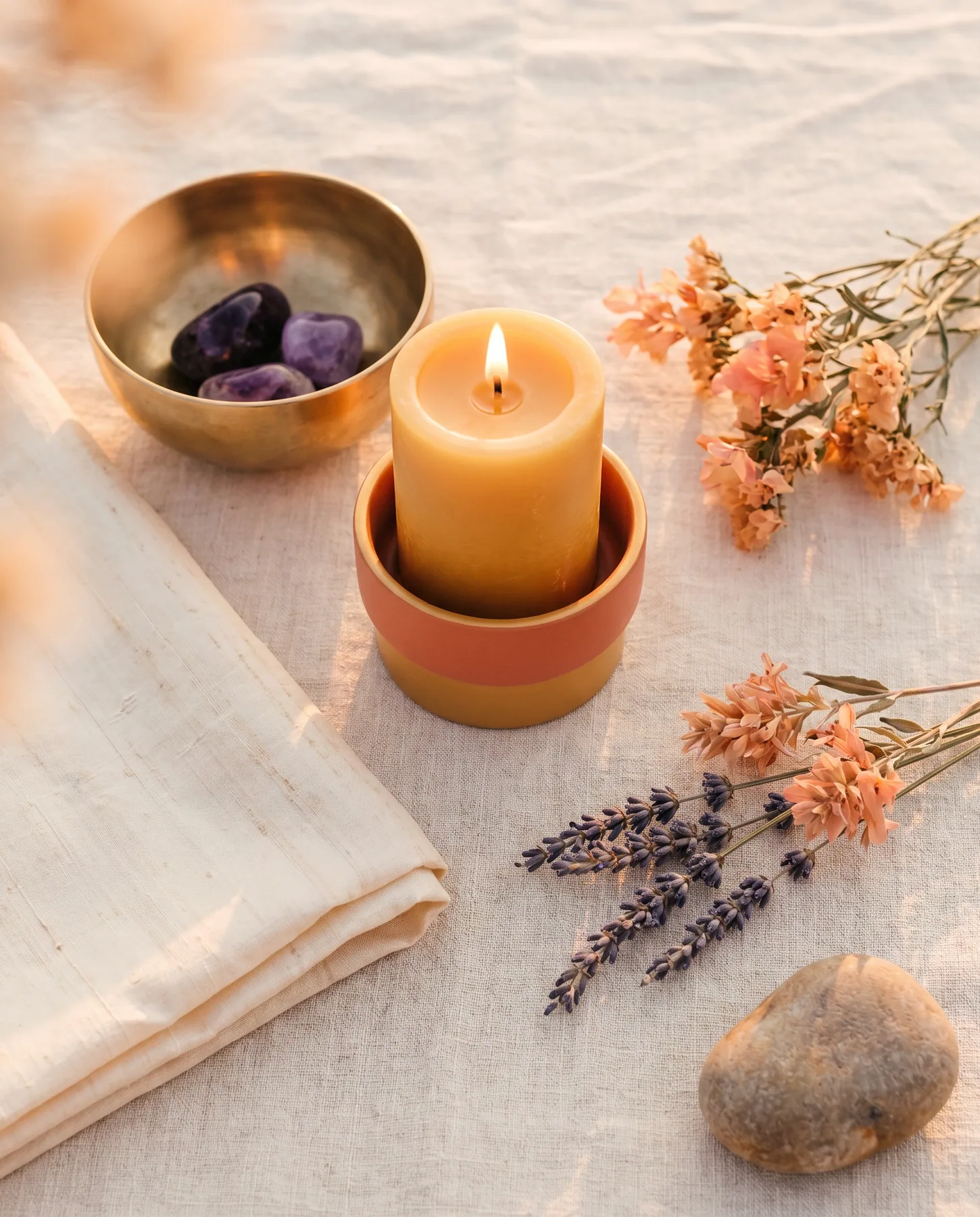 A single beeswax candle glowing on a prepared altar