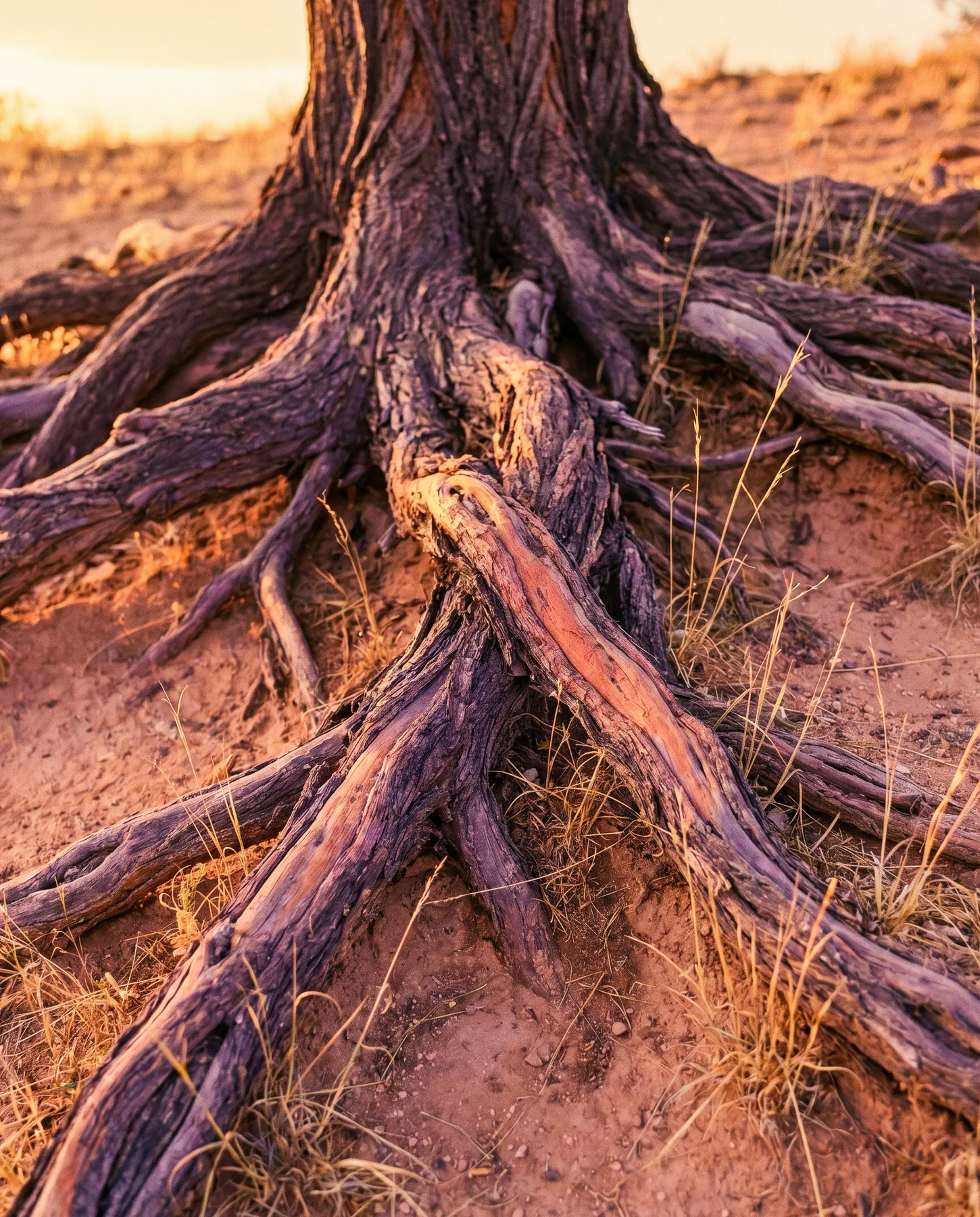 Ancient desert tree roots gripping the warm earth at golden hour
