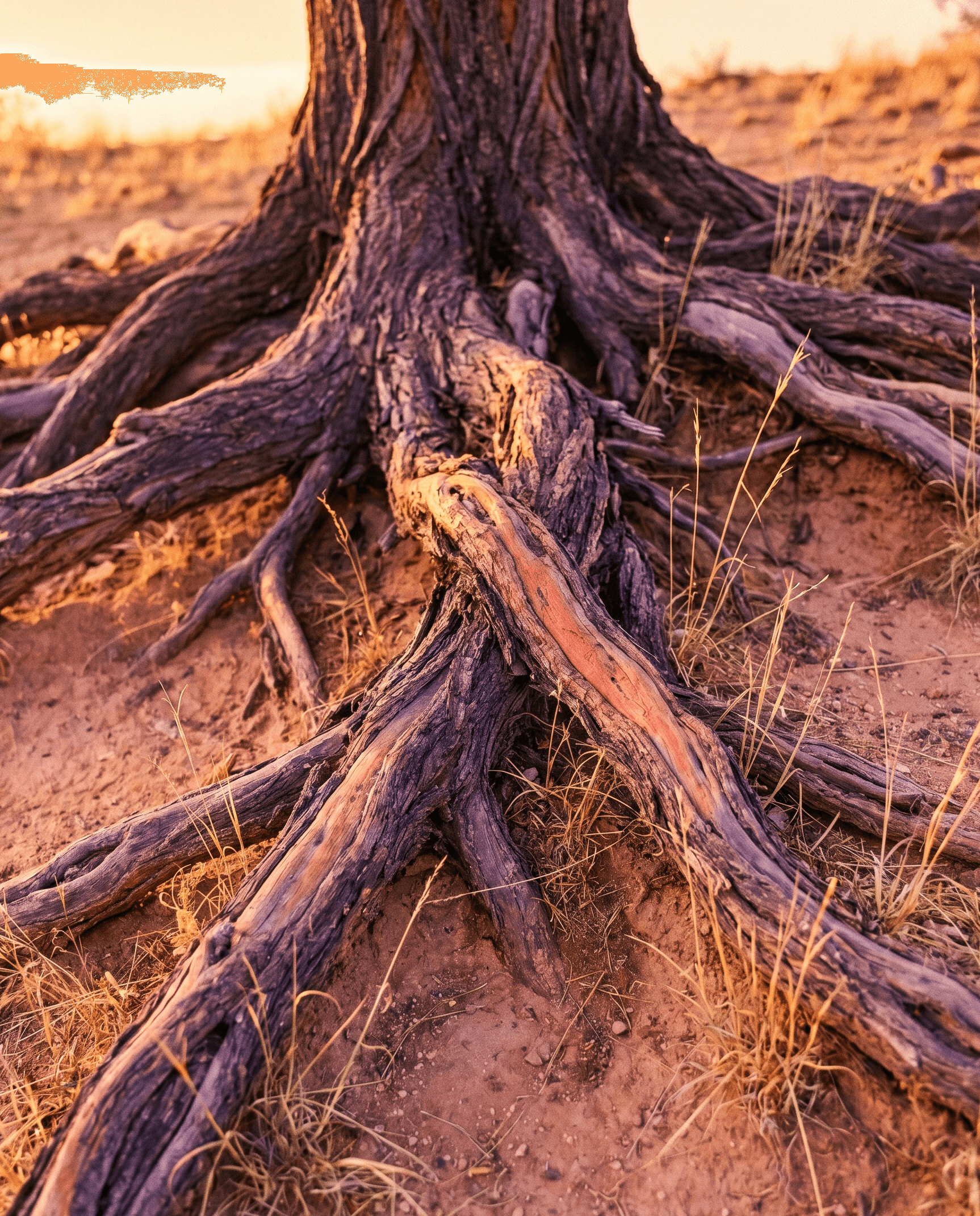 Ancient desert tree roots gripping the warm earth at golden hour